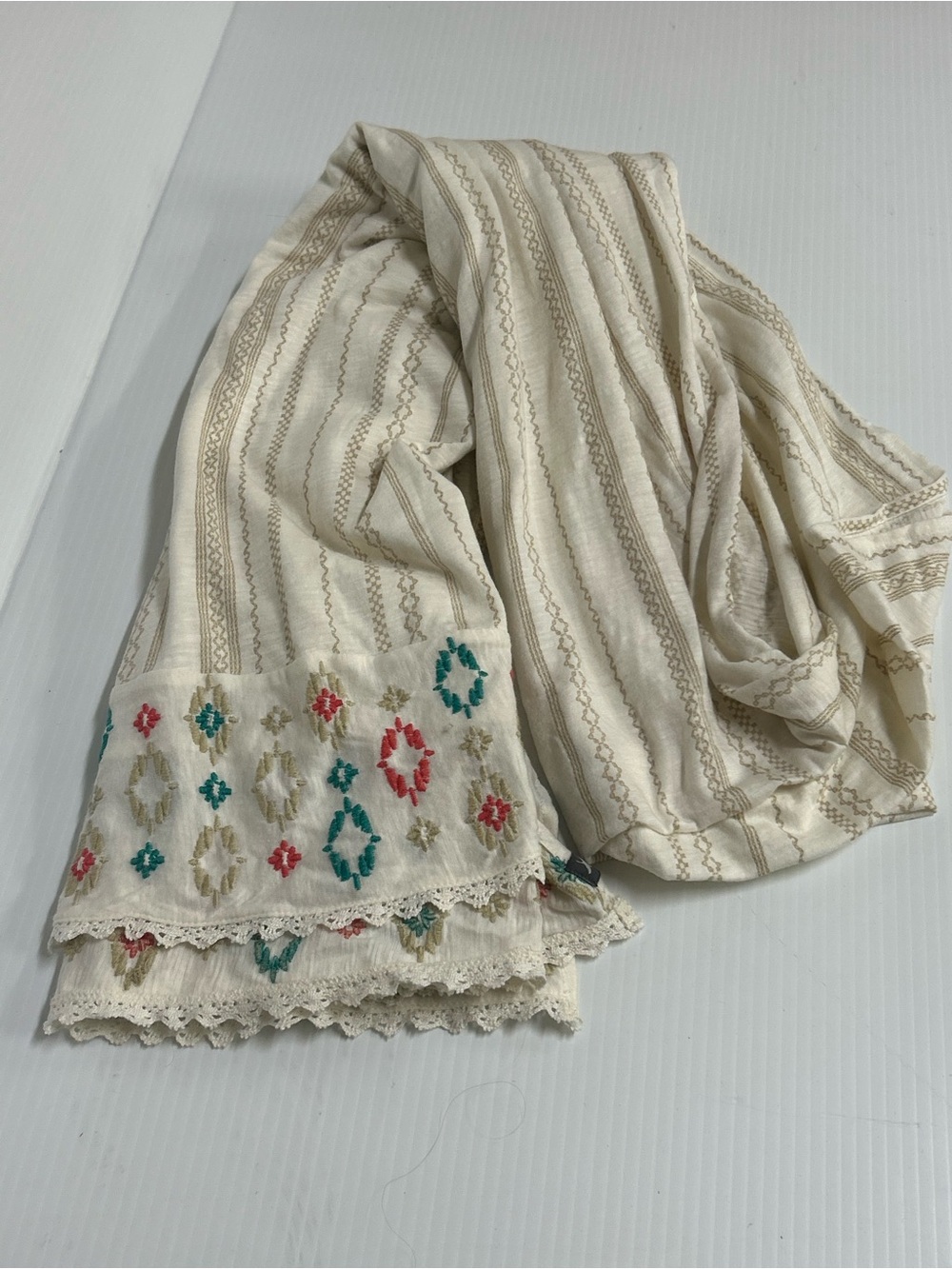 Eddie Bauer Embroidered Cotton Scarf Wrap Light Beige Boho Oversized 35X72"